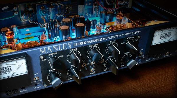 A Manley stereo compressor with knobs and VU meters