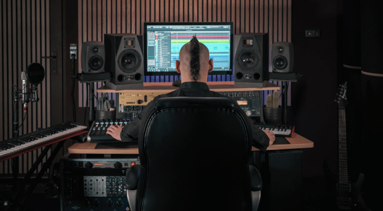 Person at a recording studio desk with monitors and musical equipment